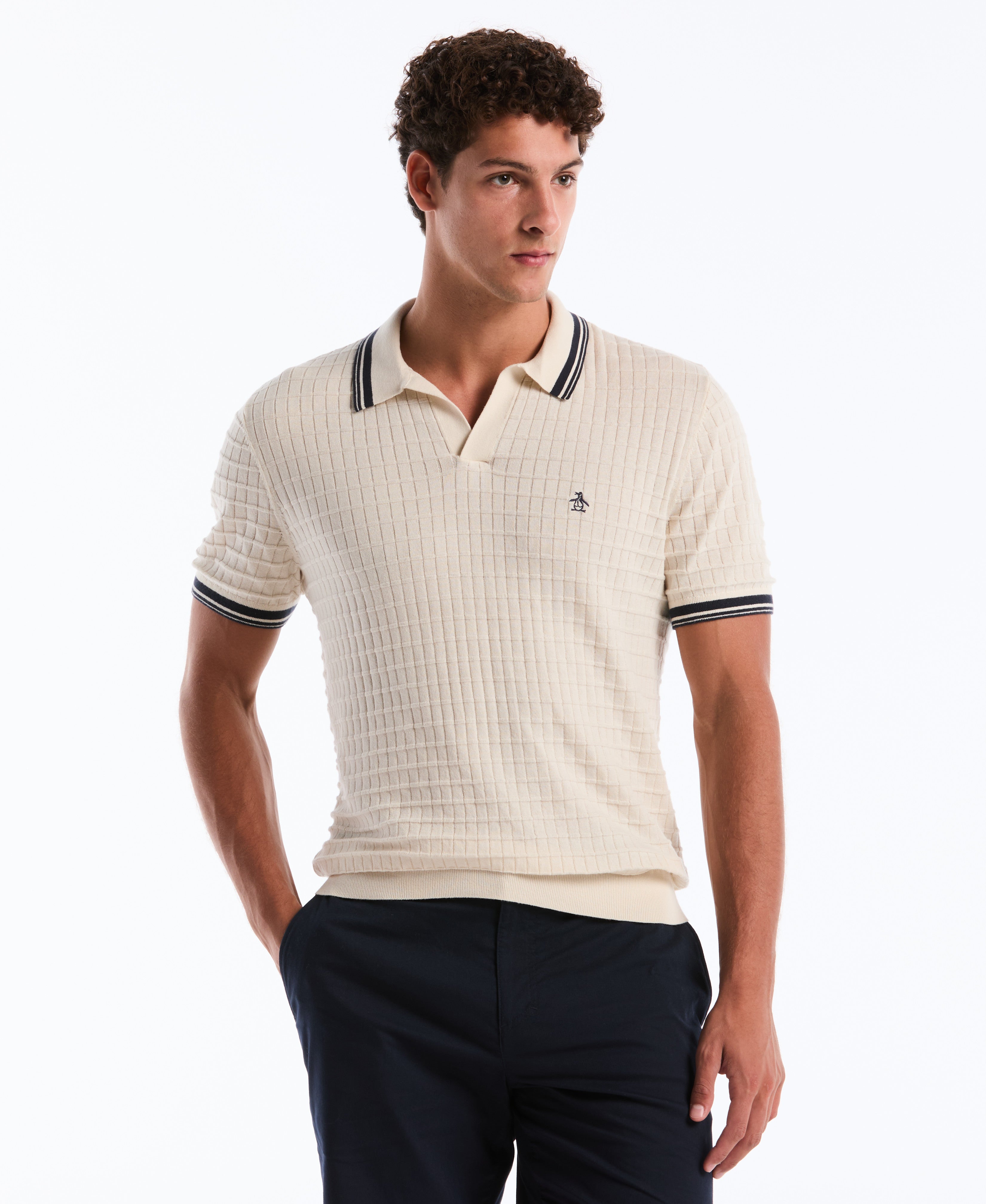 Grid Knit Johnny Collar Sweater Polo