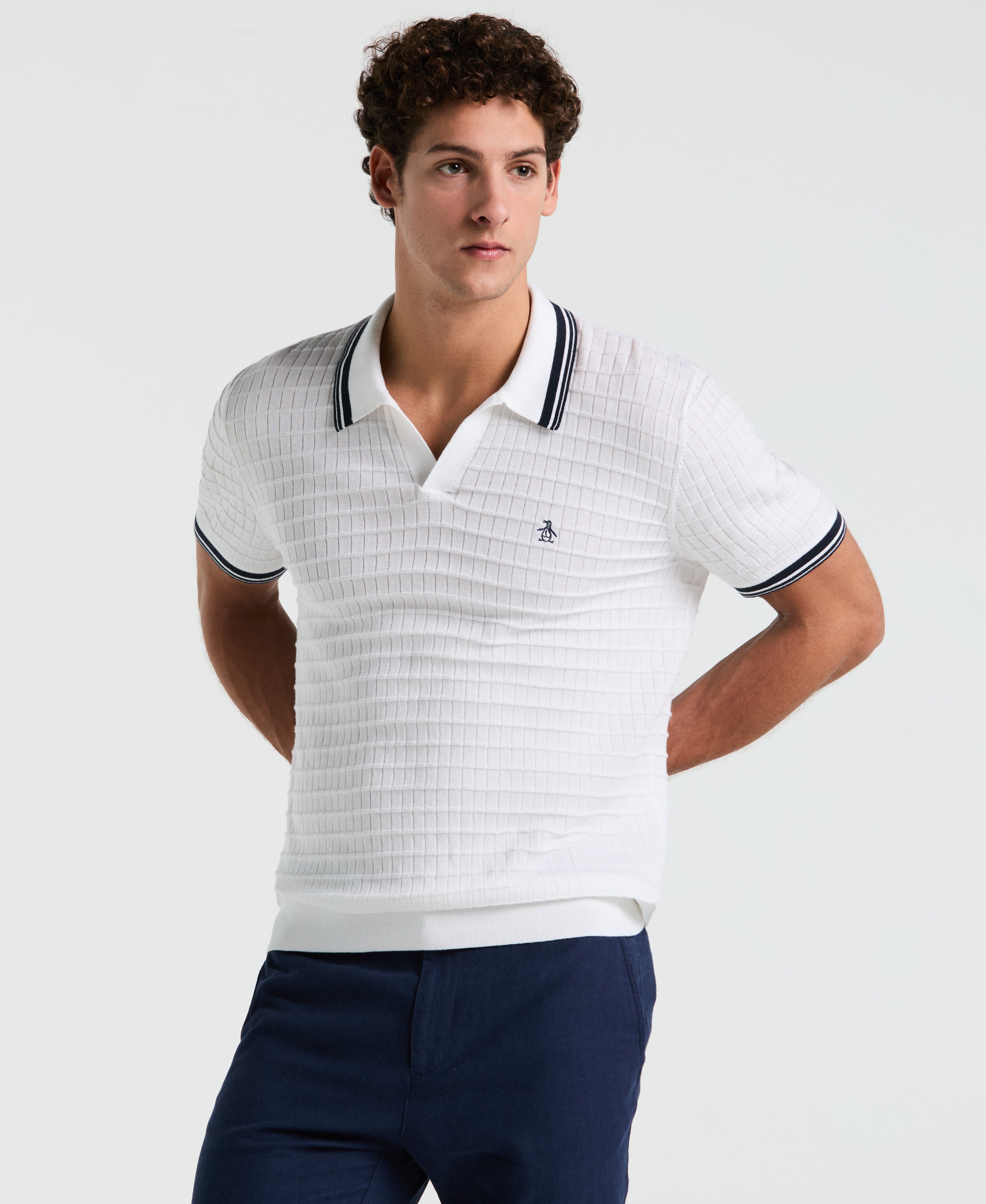 Grid Knit Johnny Collar Sweater Polo