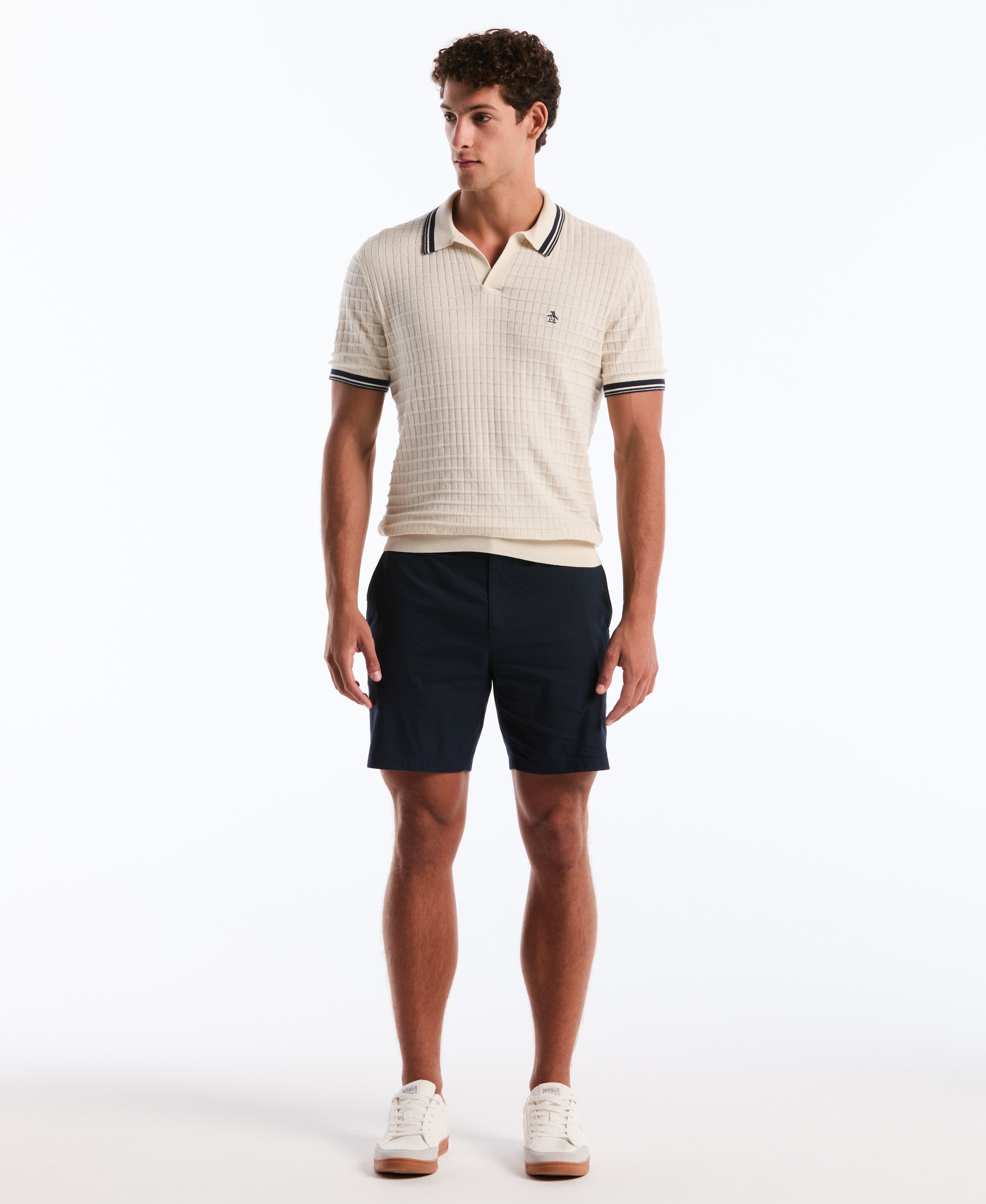 Grid Knit Johnny Collar Sweater Polo