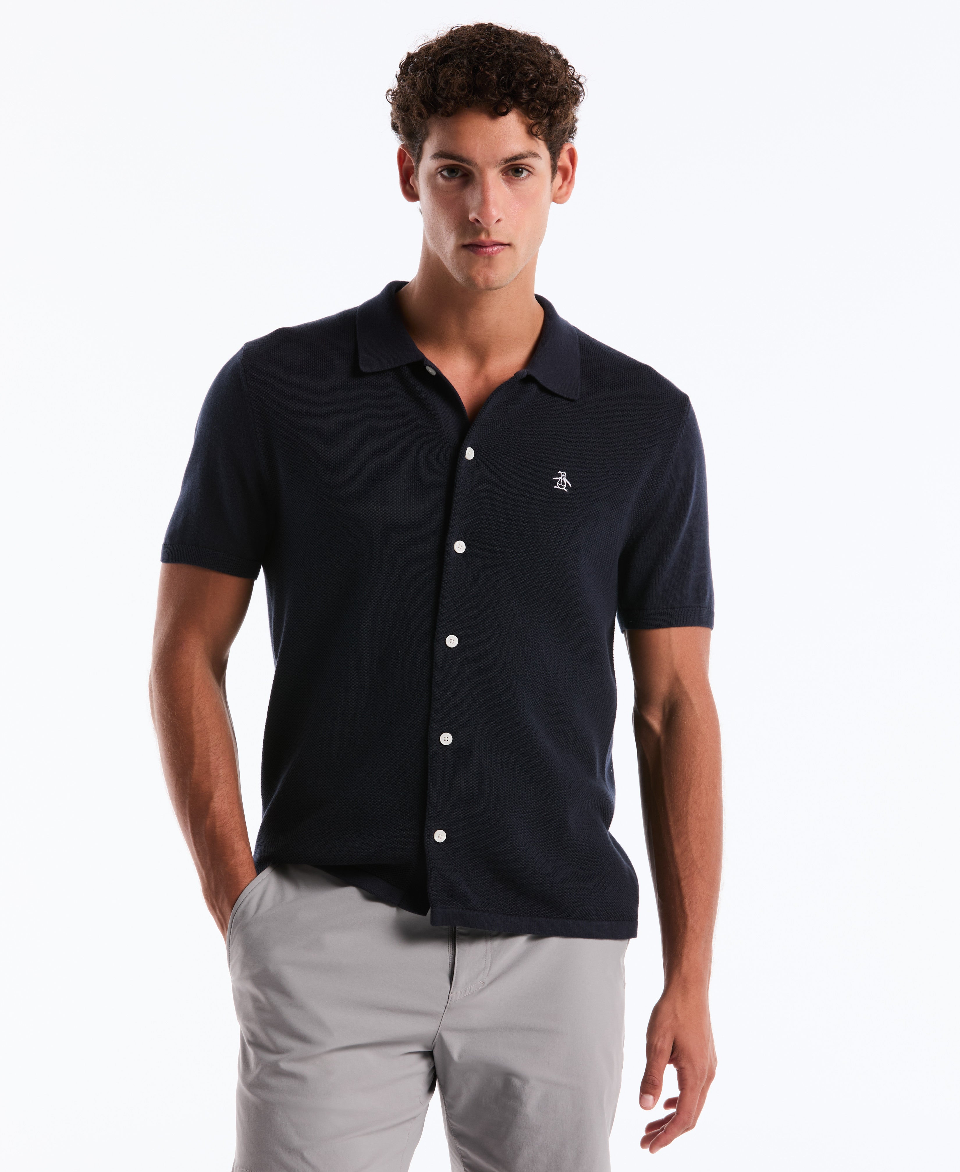 Honeycomb Button-Front Sweater Polo