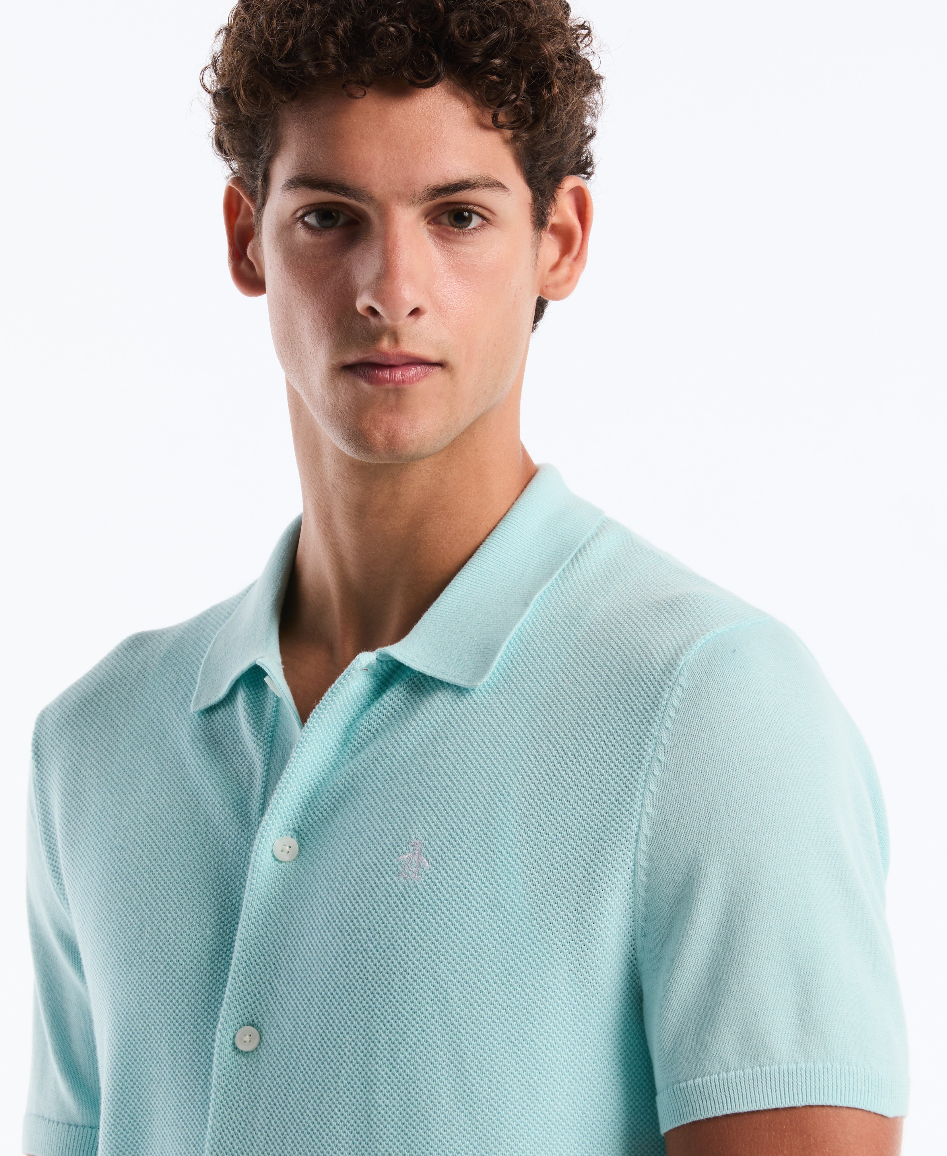 Honeycomb Button-Front Sweater Polo